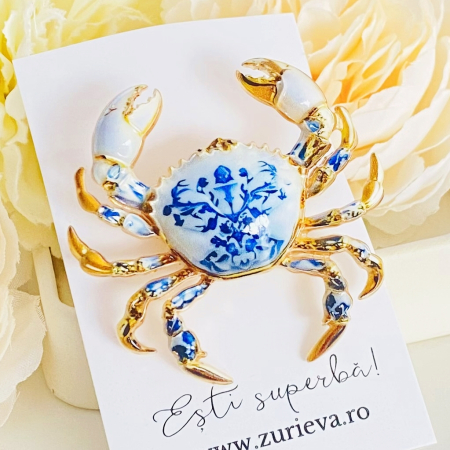 BIJUTERII - Brosa Crab Alb Albastru, Brose Dama, Brose Mari Elegante