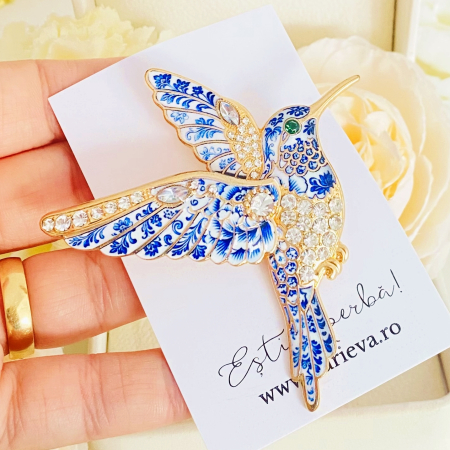 Brosa Pasare Colibri Alb Albastru, Brose Dama, Brose Mari Elegante [4]