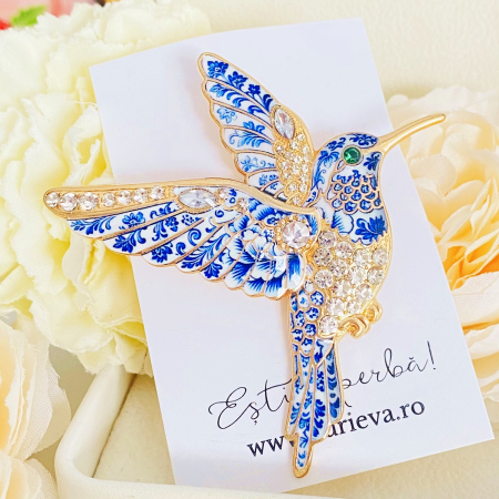 Brosa Pasare Colibri Alb Albastru, Brose Dama, Brose Mari Elegante [1]