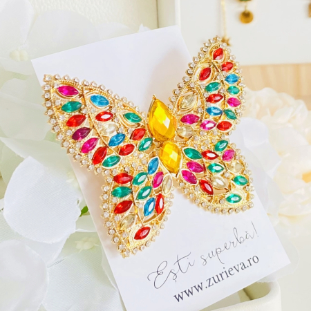 Brosa Fluture Auriu Cristale Multicolore, Brose Dama, Brose Elegante [2]