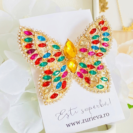 Brosa Fluture Auriu Cristale Multicolore, Brose Dama, Brose Elegante [1]