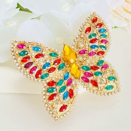 BROSE - Brosa Fluture Auriu Cristale Multicolore, Brose Dama, Brose Elegante