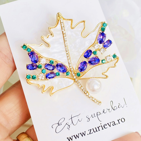 Brosa Frunza Cristale Mov, Brosa Dama Femei [3]