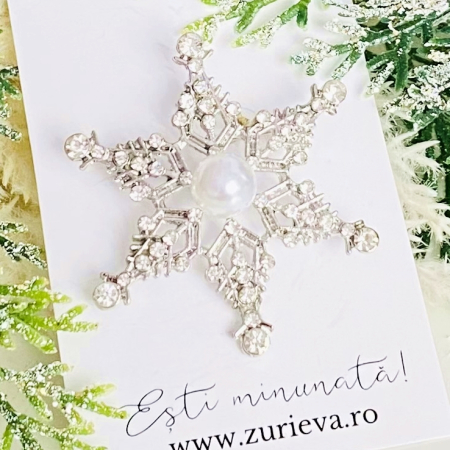 BIJUTERII - Brosa Fulg Nea Cristale Argintii & Perla, Brose Craciun, Brosa Statement, Brose Femei