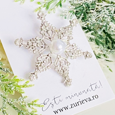 Brosa Fulg Nea Cristale Argintii & Perla, Brose Craciun, Brosa Statement, Brose Femei [4]
