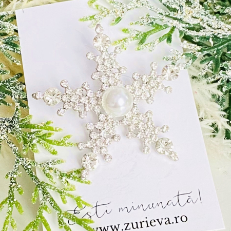 Brosa Fulg Nea Cristale Argintii & Perla, Brose Craciun, Brosa Statement, Brose Femei [3]