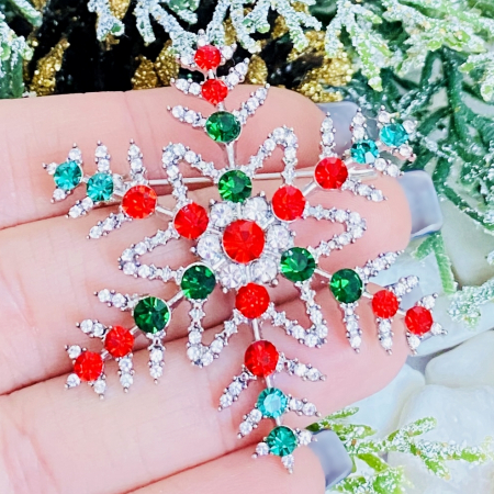 CRACIUN - Brosa Fulg Nea Cristale Rosii Verzi, Brose Craciun, Brosa Statement, Brose Femei