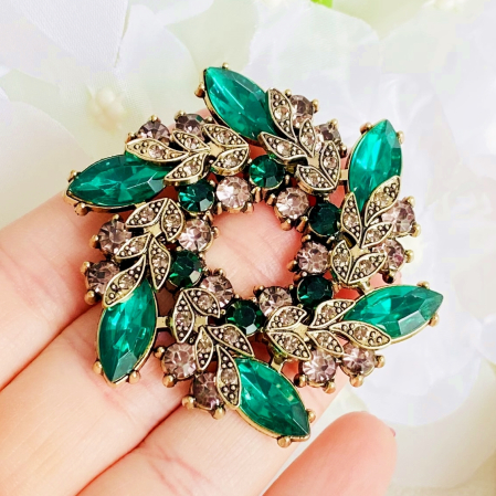 Brosa Rotunda Cristale Verde Smarald, Brosa Dama Femei [4]