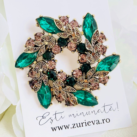 Brosa Rotunda Cristale Verde Smarald, Brosa Dama Femei [3]