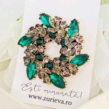 Brosa Rotunda Cristale Verde Smarald, Brosa Dama Femei [5]