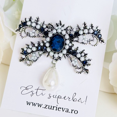 Brosa Argintie Funda Perle Cristale, Brosa Dama Femei, Brose Statement [2]