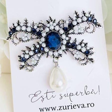 BIJUTERII - Brosa Argintie Funda Perle Cristale, Brosa Dama Femei, Brose Statement