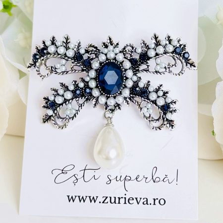 Brosa Argintie Funda Perle Cristale, Brosa Dama Femei, Brose Statement [3]