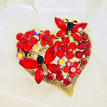 BIJUTERII - Brosa Inima Rosie Fluturi, Brosa Dama Femei