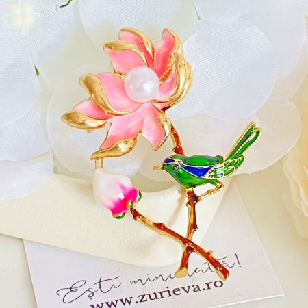 Brosa Floare Roz & Pasare, Brose Dama, Brose Elegante [4]
