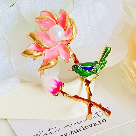 Brosa Floare Roz & Pasare, Brose Dama, Brose Elegante [3]