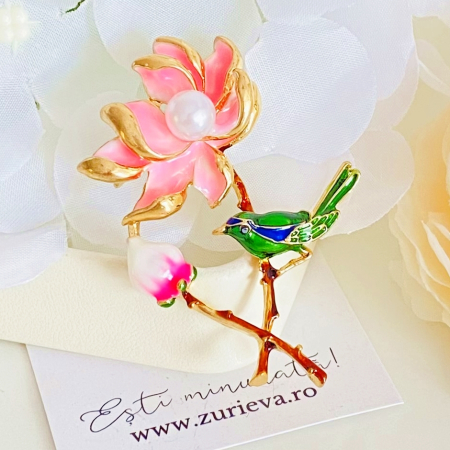 Brosa Floare Roz & Pasare, Brose Dama, Brose Elegante [1]