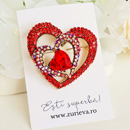 Brosa Inima Cristale Rosii, Brosa Statement, Brose Femei [4]
