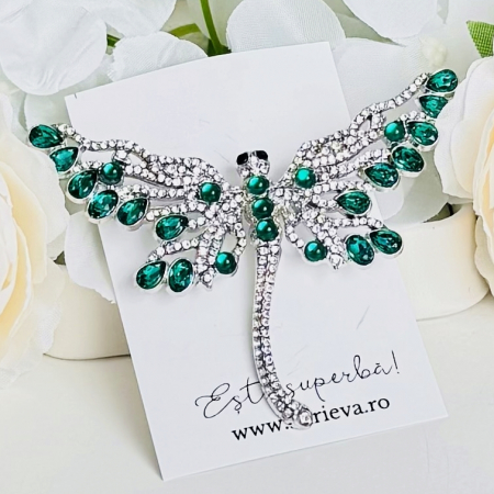 Brosa Libelula Argintie Verde, Brosa Dama Femei, Brose Statement [3]