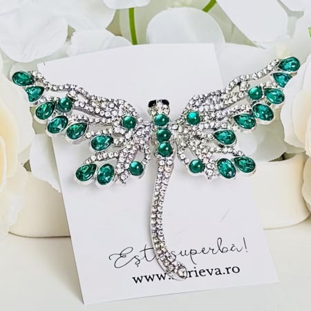 Brosa Libelula Argintie Verde, Brosa Dama Femei, Brose Statement