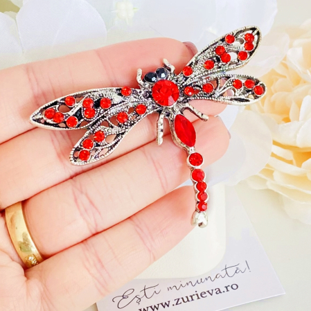 Brosa Libelula Argintie - Rosu, Brose Dama, Brose Elegante [1]