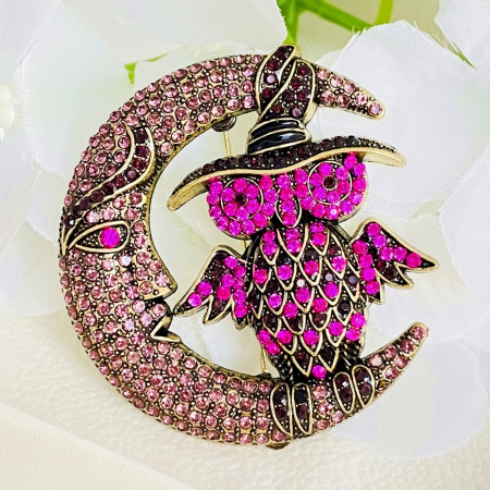 BIJUTERII - Brosa Bufnita Semiluna Mov, Brosa Dama Femei