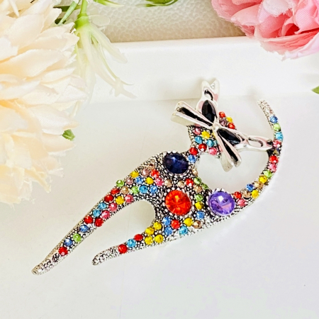 Brosa Pisica Argintie & Cristale Colorate, Brosa Dama Femei [3]