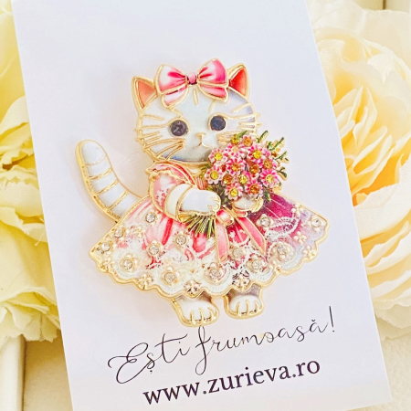 Brosa Pisica Alba cu Flori Roz, Brose Dama, Brose Mari Elegante [6]