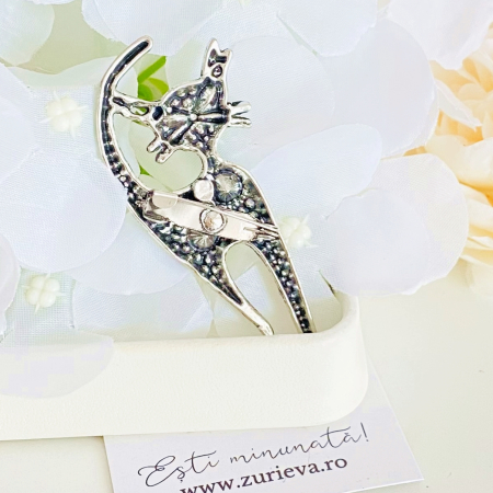 Brosa Pisica Argintie & Cristale Colorate, Brosa Dama Femei [4]