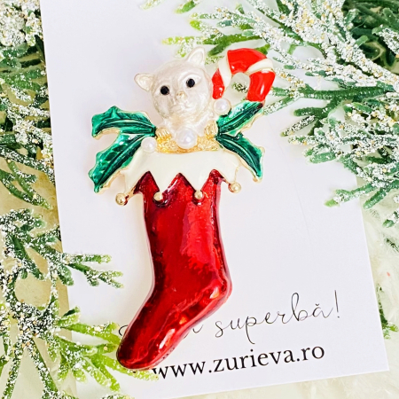 Brosa Soseta Craciun Pisica, Brosa Statement, Brose Femei [4]