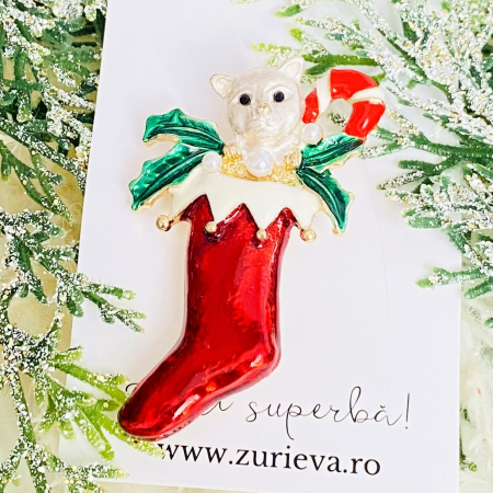 BROSE - Brosa Soseta Craciun Pisica, Brosa Statement, Brose Femei