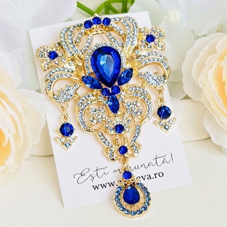 BIJUTERII - Brosa Statement Cristale Albastre, Brosa Dama, Brose Elegante