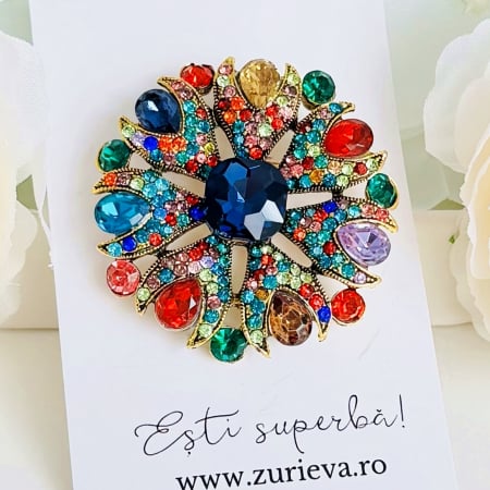 BIJUTERII - Brosa Floare Cristale Multicolore, Brosa Dama Femei, Brose Statement