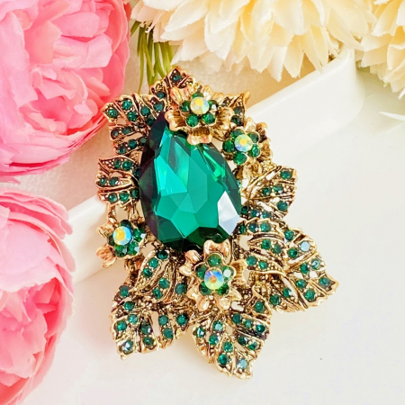 BIJUTERII - Brosa Cristale Verde Smarald, Brosa Statement, Brose Femei