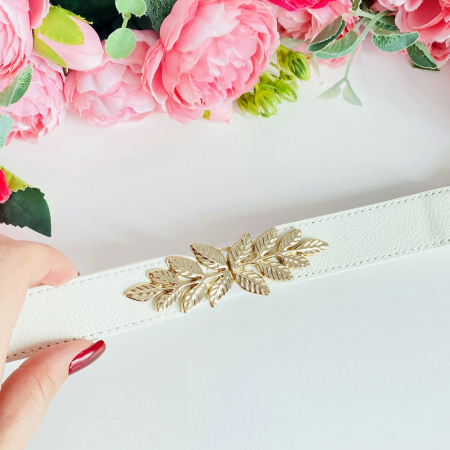 Centura Elastica Alba - Catarama Frunze Aurii, Curea Dama, Curele Femei [5]