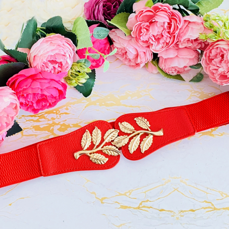 CENTURI - Centura Elastica Rosie - Catarama Frunze Aurii, Curea Dama, Curele Femei