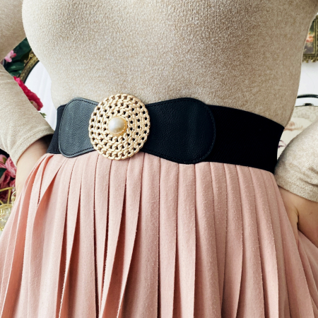 Centura Elastica Neagra - Catarama Aurie cu Perla, Curea Dama, Curele Femei [3]