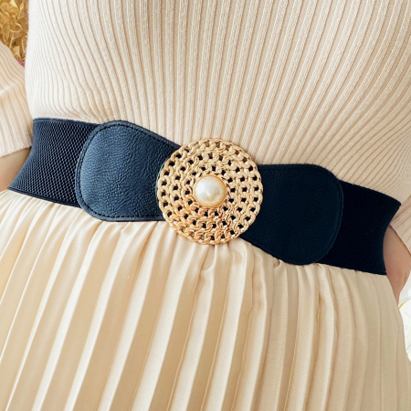 Centura Elastica Neagra - Catarama Aurie cu Perla, Curea Dama, Curele Femei [2]