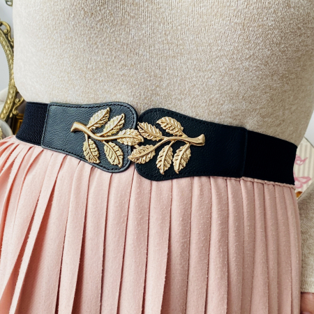 CENTURI - Centura Elastica Neagra - Catarama Frunze Aurii, Curea Dama, Curele Femei