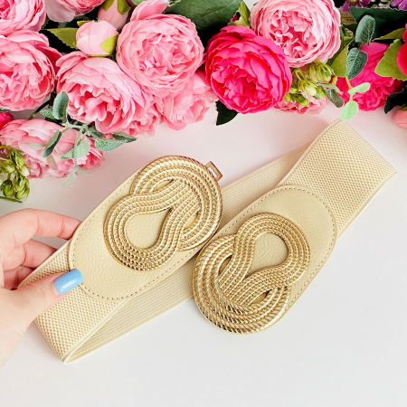 Centura Elastica Crem - Catarama Aurie, Curea Dama, Curele Femei [3]