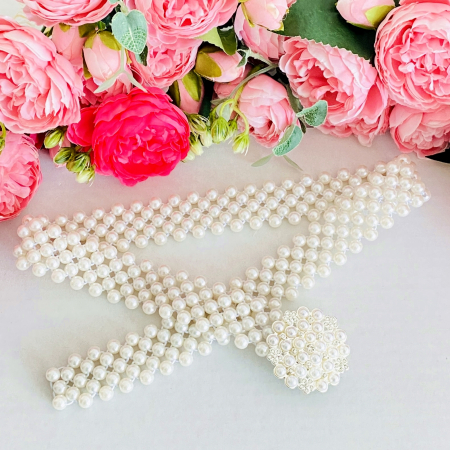 Centura Elastica Perlute Albe - Cerc Perle, Curea Dama, Curele Femei [0]