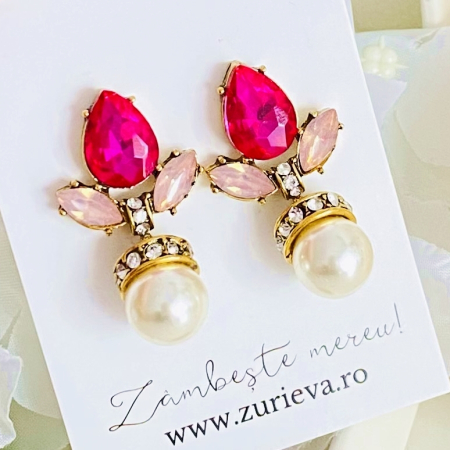 CERCEI - Cercei Lungi Cristale Roz, Cercei Dama, Bijuterii Femei