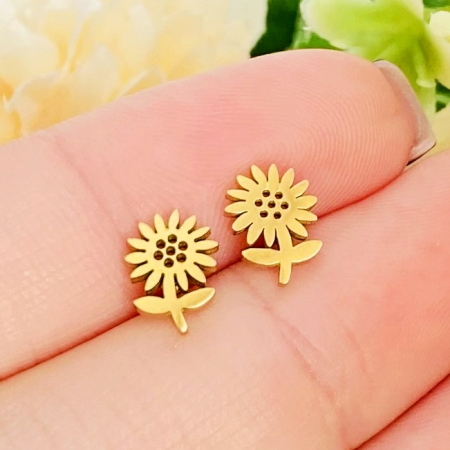 Cercei Mini Floarea Soarelui - Otel Inoxidabil, Cercei Surub, Cercei Dama, Bijuterii Inox [4]