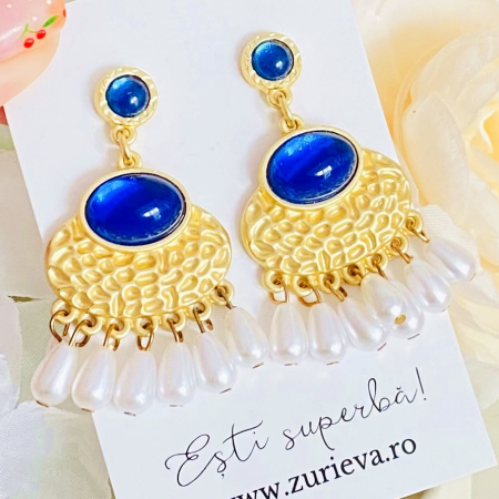 CERCEI - Cercei Lungi Aurii Albastri, Cercei Dama, Bijuterii Femei