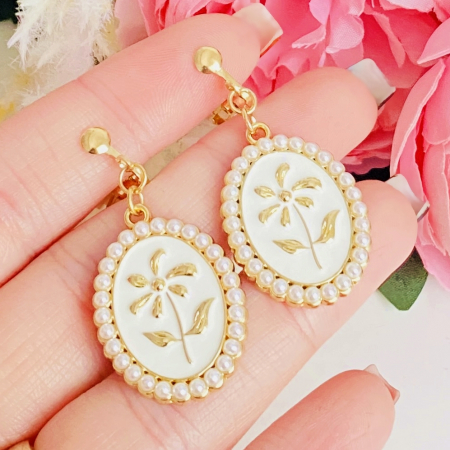 Cercei Clips - Cercei Clips Perle & Flori Aurii, Cercei Dama, Bijuterii Femei