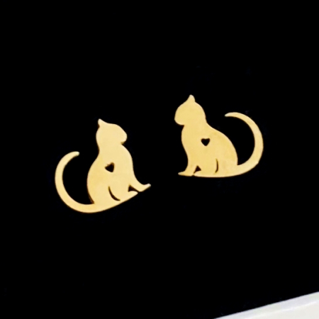 Cercei Cat Love Aurii - Otel Inoxidabil, Cercei Surub, Cercei Dama, Bijuterii Inox [2]