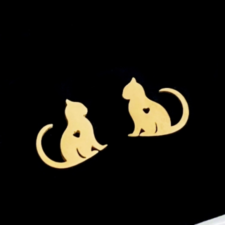 BIJUTERII OTEL INOXIDABIL - Cercei Cat Love Aurii - Otel Inoxidabil, Cercei Surub, Cercei Dama, Bijuterii Inox