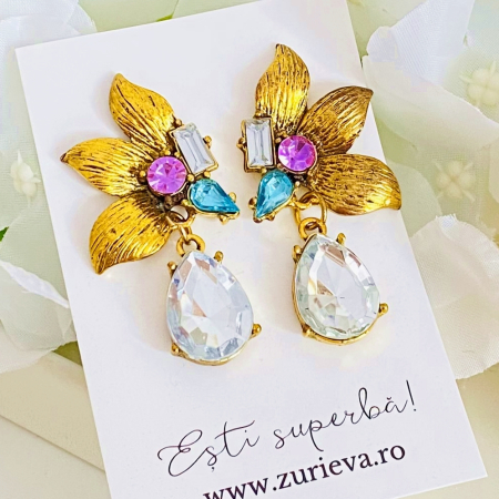 Cercei Floare Aurie & Cristale, Cercei Dama, Bijuterii Femei [9]