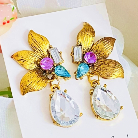 Cercei cu Surub - Cercei Floare Aurie & Cristale, Cercei Dama, Bijuterii Femei