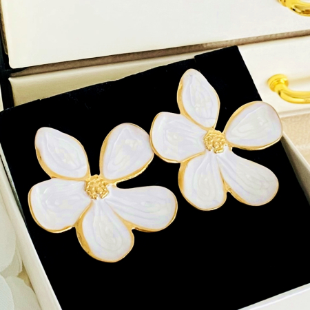 Cercei Flori Albe - Otel Inoxidabil, Cercei Surub, Cercei Dama, Bijuterii Inox [1]